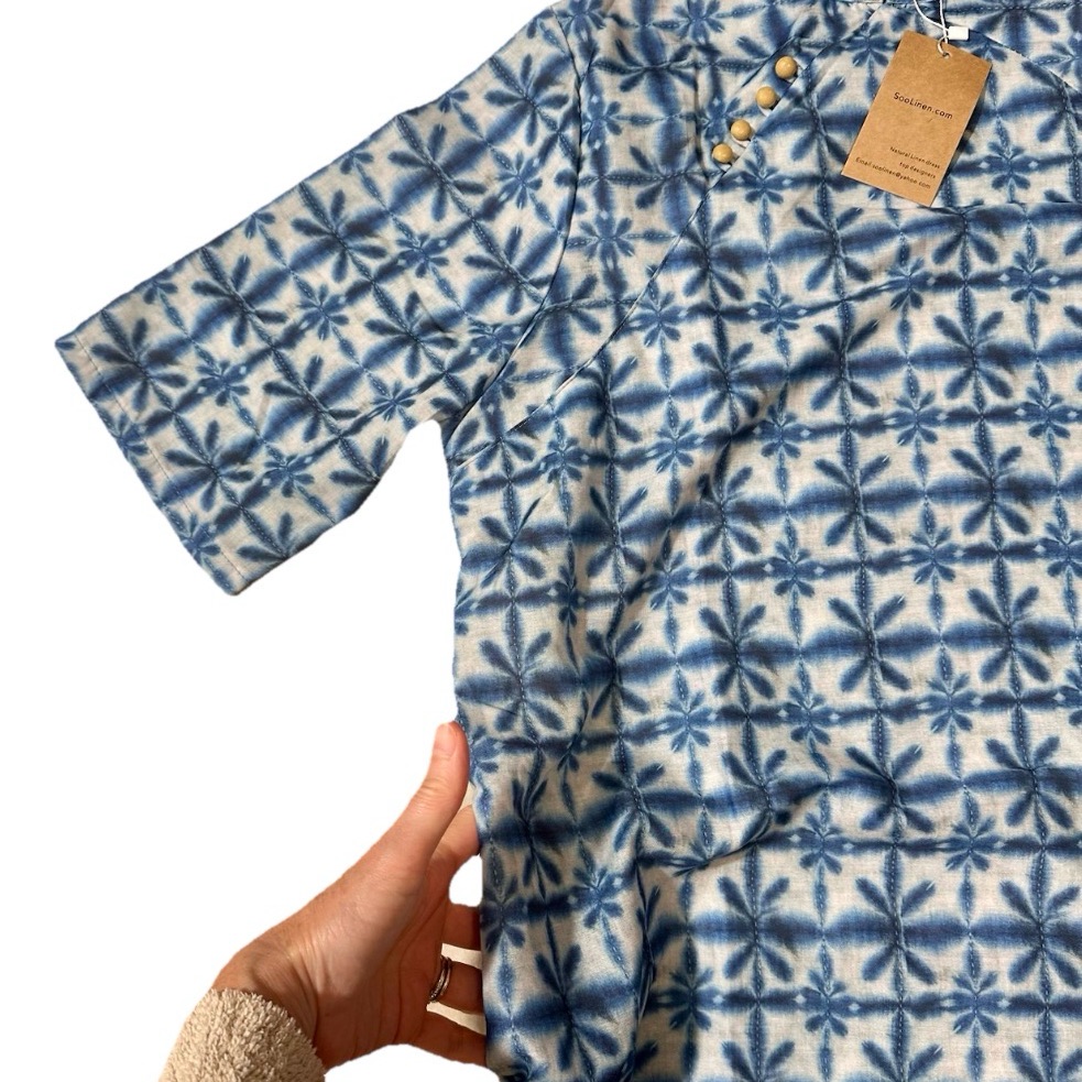 Soolinen Nwt Kaftan Tunic Style Maxi Dress One Size Blue White Bohemian Flowy — image 4 of 7